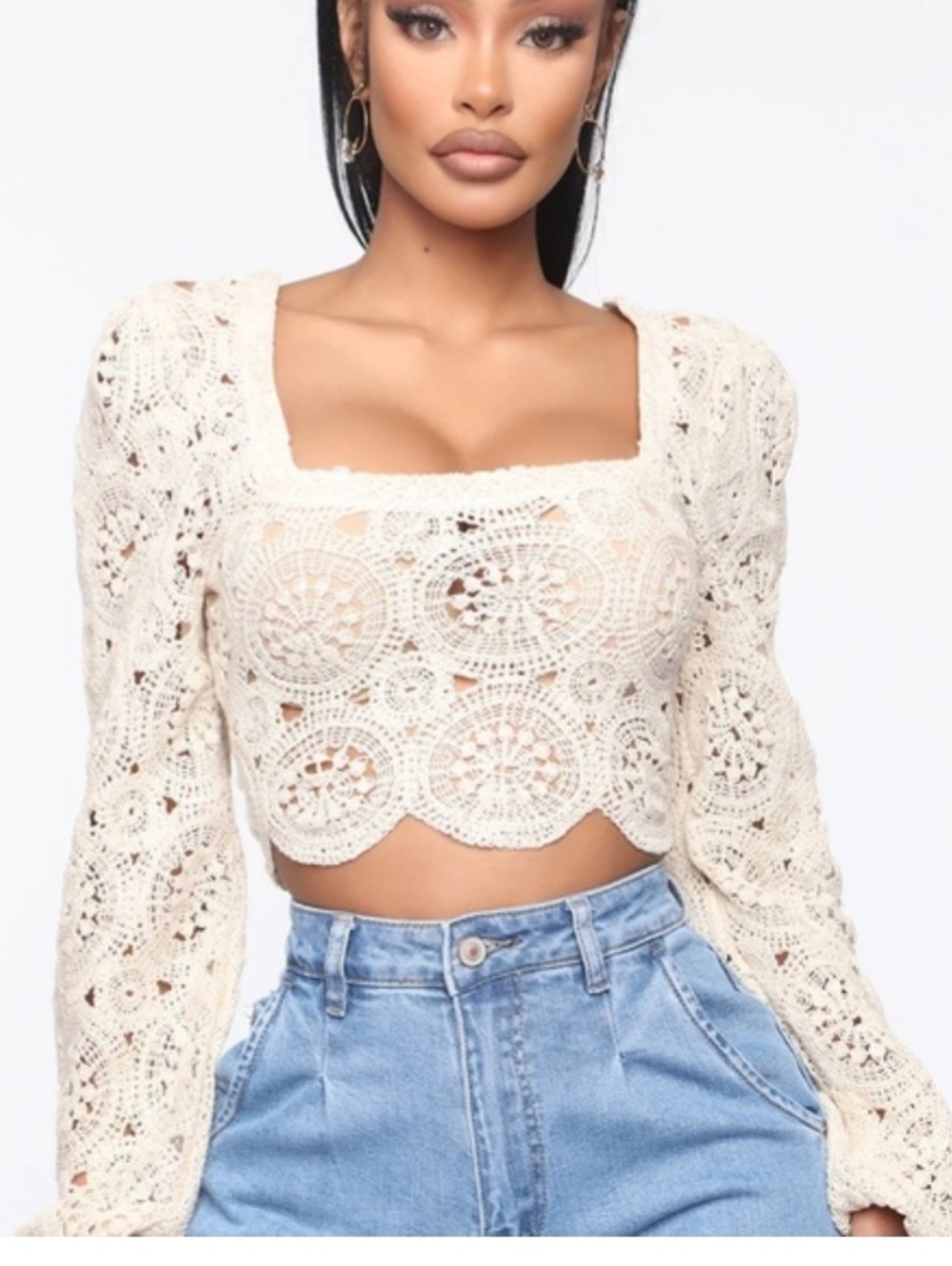 NWOT Fashion Nova Cream Crochet Square-Neck Long Sleeve Crop Top Size L